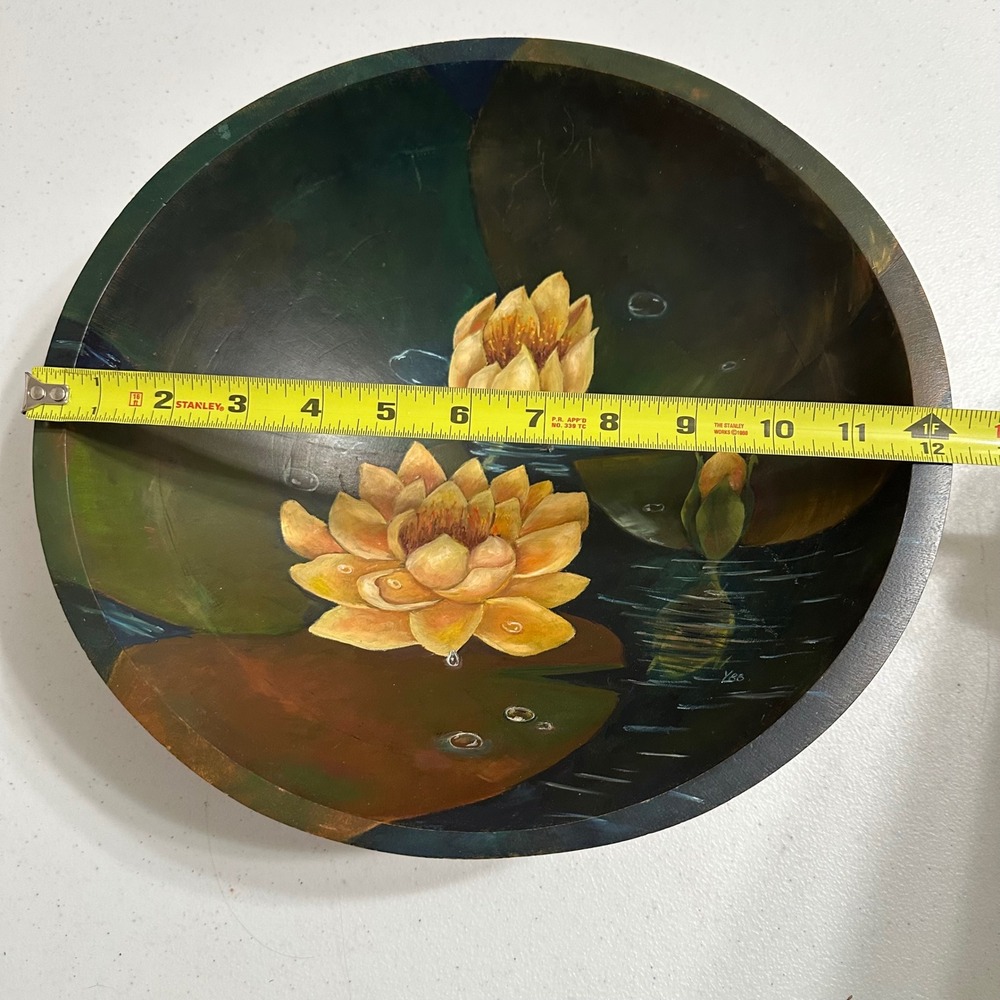 Weston Bowl Hand Painted Water Lily Wooden Bowl Floral Art‎ Vermont Vintage 11" - Picture 6 of 6